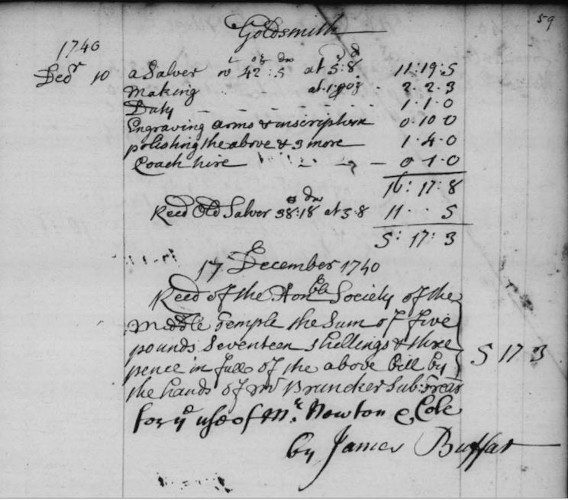 Receipt for new silver Salver from James Buffar, 1740 (MT/2/TRB/99)