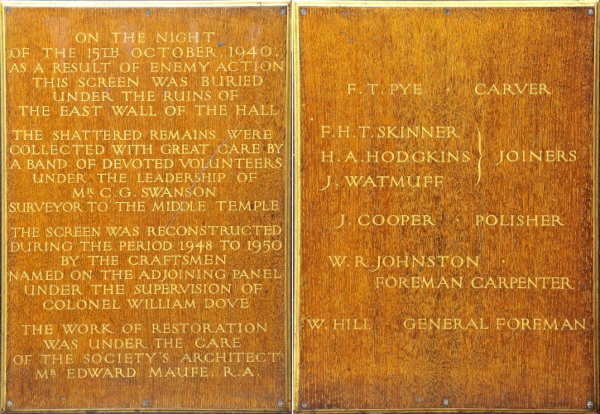 Photographs of the plaques commemorating those involved in the restoration of the Middle Temple Hall screen