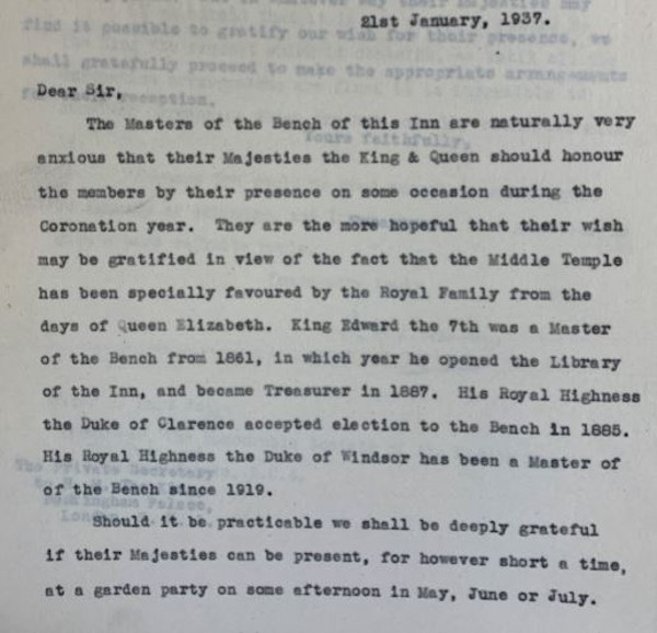 Letter requesting the attendance of King George VI and Queen Elizabeth at a garden party, 21 January 1937 (MT/7/ROY/5/17)