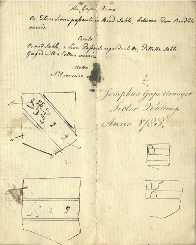 Design for Joseph Gape’s armorial panel, 1783, discovered within the Inn’s collection of loose papers (MT/21/XXXII/VI/26)