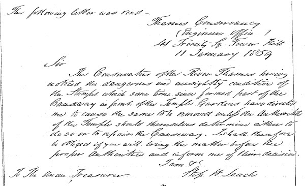 Copy of a letter from the Thames Conservancy regarding the repair of the causeway in front of Temple Gardens, 11 January 1859 (MT/1/MPA/15)