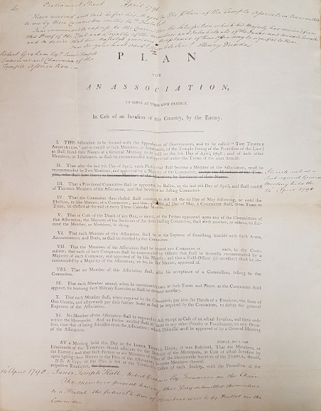 ‘Plan for an Association to serve at their own expense in case of an invasion of this country by the enemy’, 1798 (MT/17/REG/4)