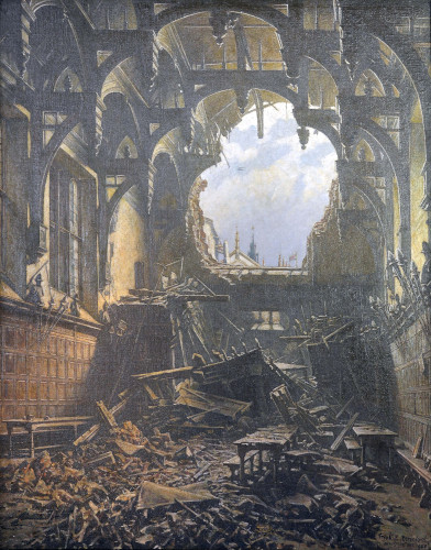 Painting entitled ‘Armistice Day’ by Frank E. Beresford depicting the rubble strewn east-end of Hall, 1941