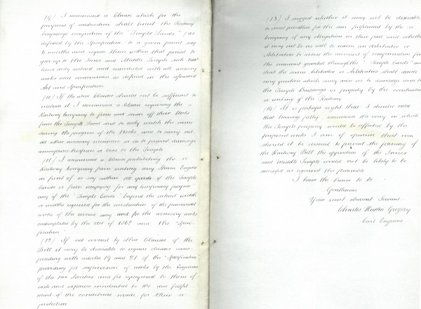 Report of Charles Gregory, Civil Engineer, on the impact proposed works by the Metropolitan District Railways on the Temple, 13 May 1864 (MT/21/1/12/4/2)